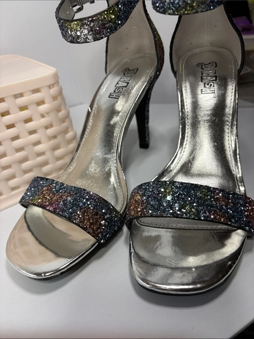 4.5” Brash rainbow Glitter Multicolor Ankle-Strap‎ Stilettos. Box 25